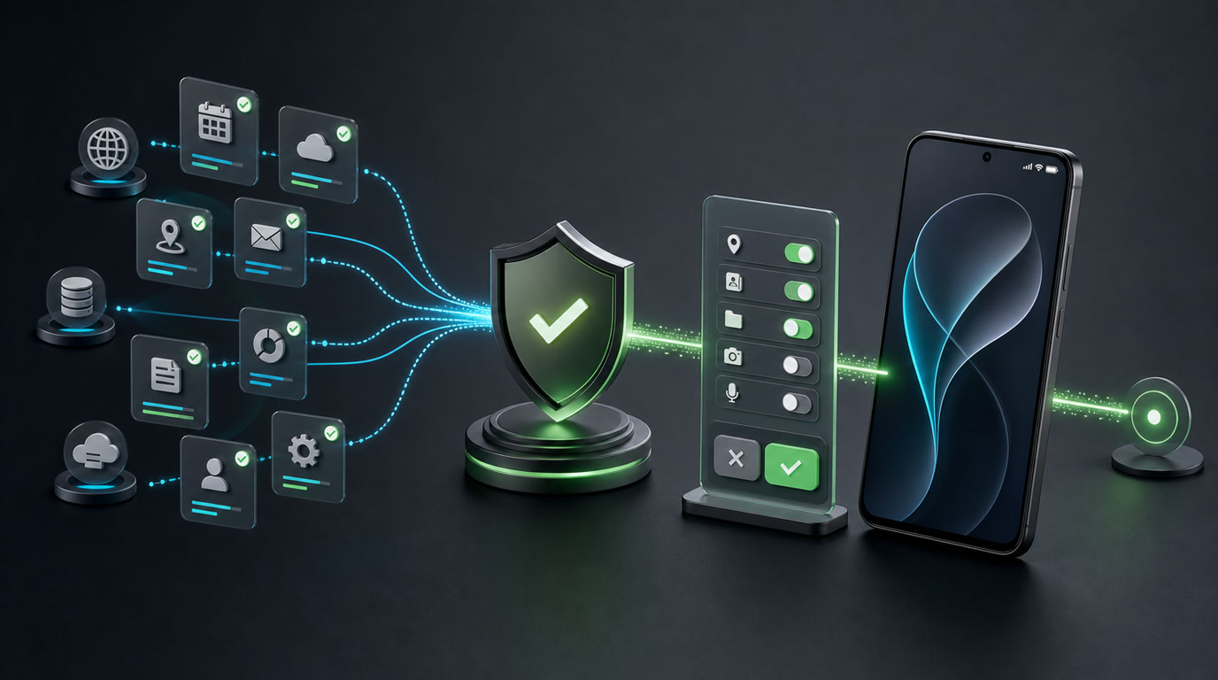 Abstrakte Darstellung eines verifizierten Agenten-Werkzeugkatalogs, der vor einer bestätigten Android-Aktion geprüft wird