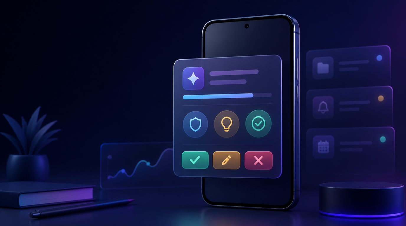 Android phone showing an AI agent approval card with a proposed action, confidence, concise reason, and approve or revise controls