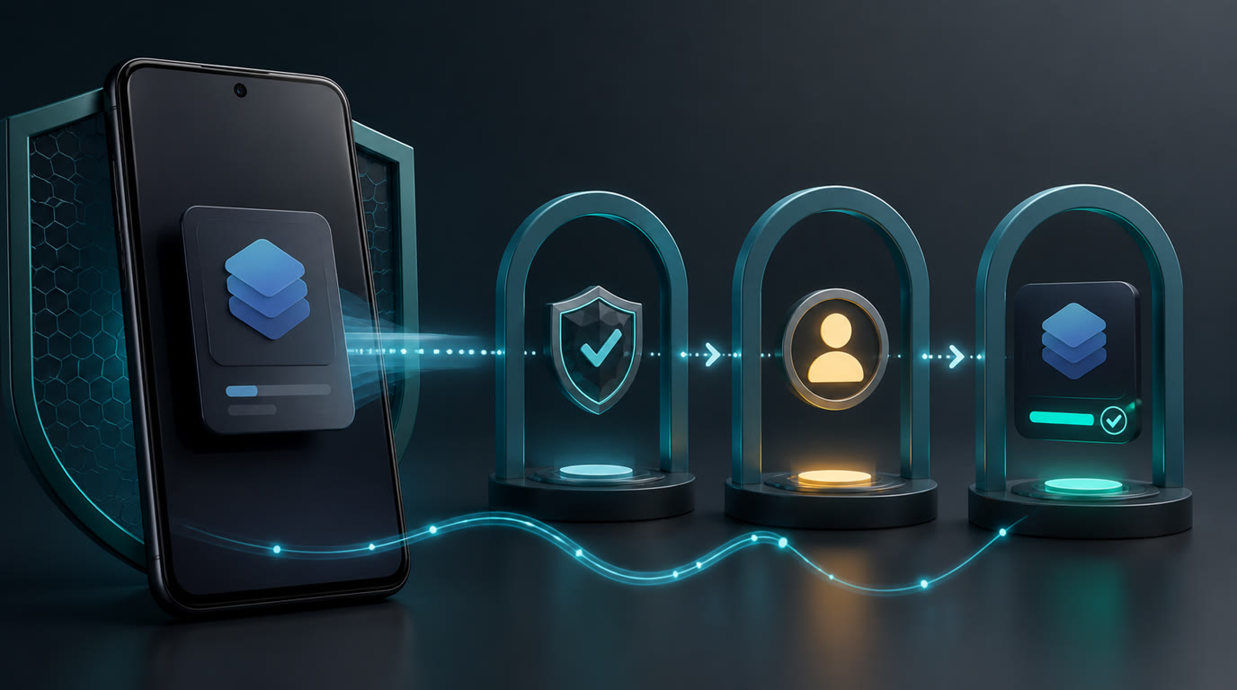 Android-Smartphone mit Google-Play-Installation, Paketnamenprüfung und FoneClaw-Freigabeablauf