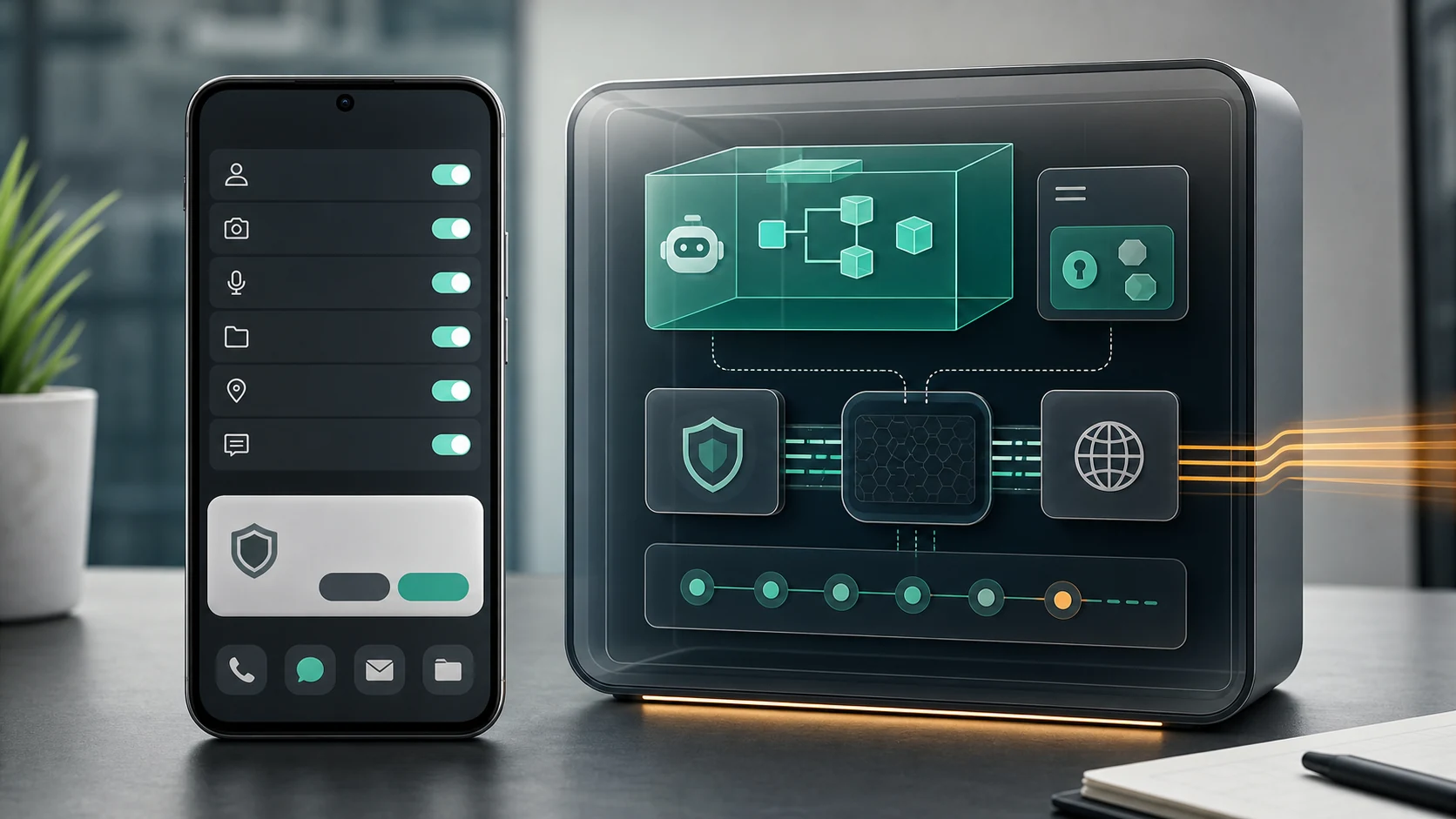 Phone agent security diagram showing sandbox isolation and Android permissions