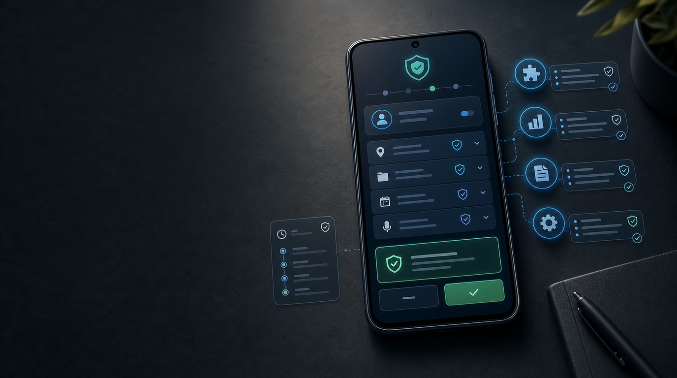 Phone AI agent permission screen showing skill checks, confirmations, and activity records