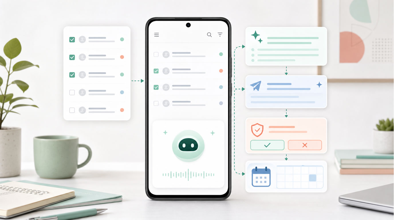 Layar Android menampilkan ringkasan email, draf balasan, persetujuan kirim, dan tindak lanjut kalender dalam FoneClaw