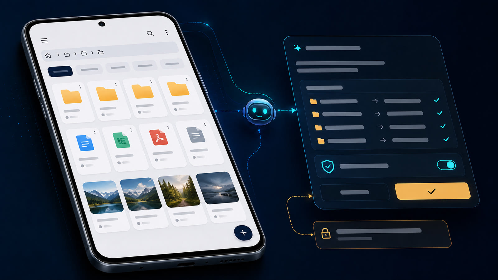 FoneClaw affichant le plugin gestionnaire de fichiers Android avec chemin relatif, aperçu de renommage, permission et approbation avant application