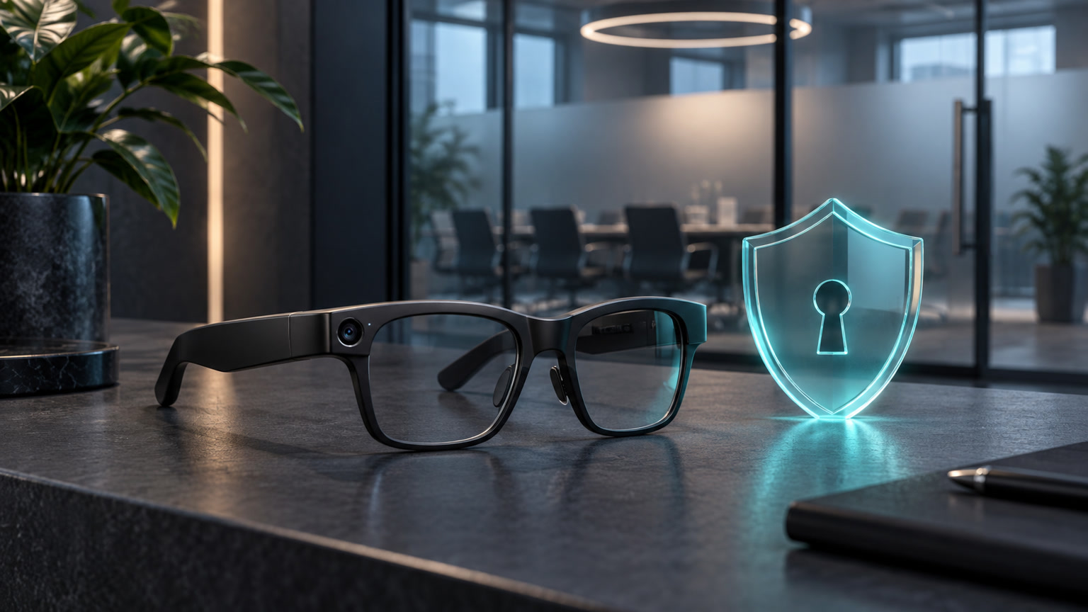 KI-Brille mit Kameraanzeige vor einem Bürobereich und Android-Smartphone mit sichtbarer Berechtigungsfreigabe