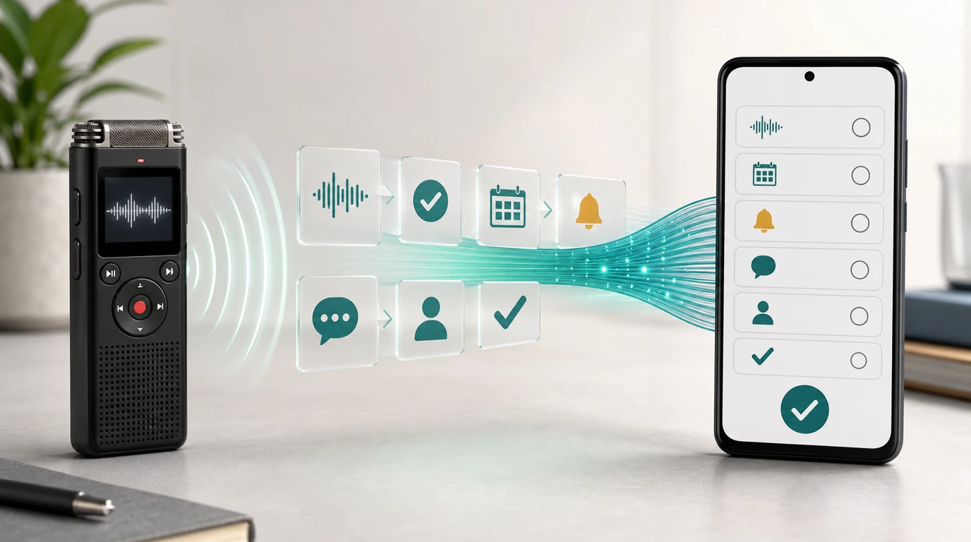 مسار يحول تسجيل اجتماع وملخصه إلى إجراءات Android مدعومة يراجعها المستخدم قبل تأكيدها