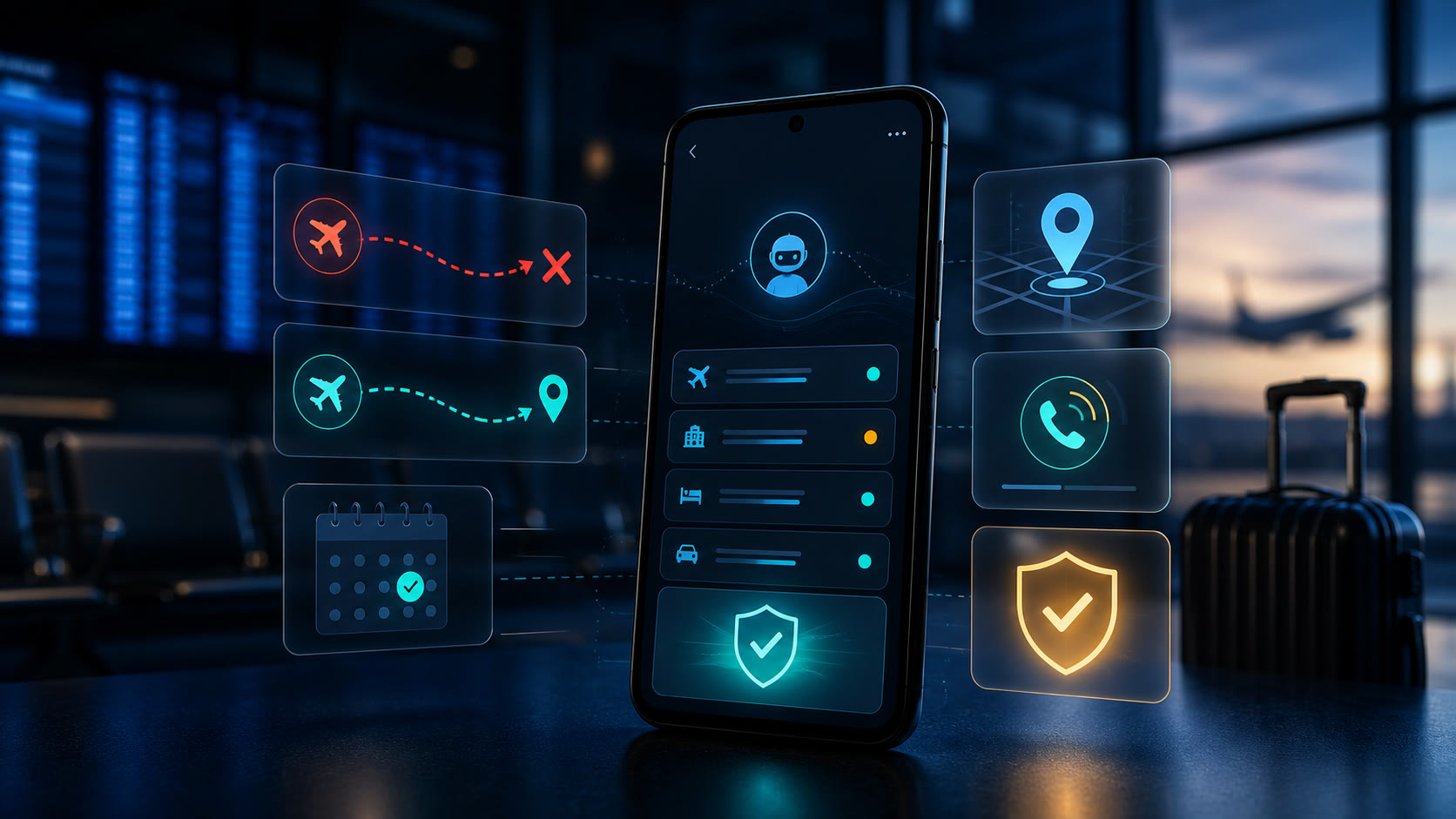 공항에서 Android AI 여행 에이전트가 항공편 취소 증거, 대체 항공편, 사용자 승인, 여정 복구 단계를 정리하는 화면