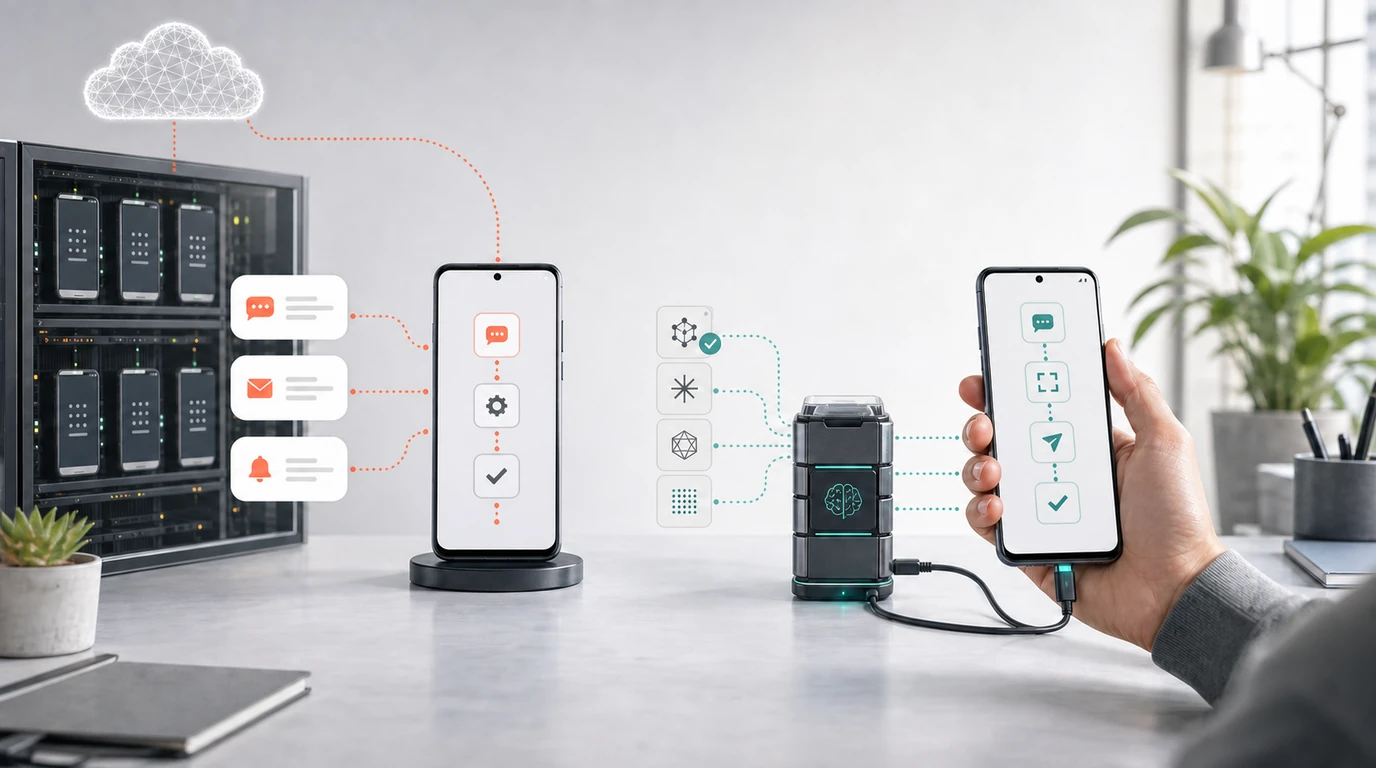 Airtap cloud phone and messaging workflow compared with FoneClaw configurable-model actions on an Android phone