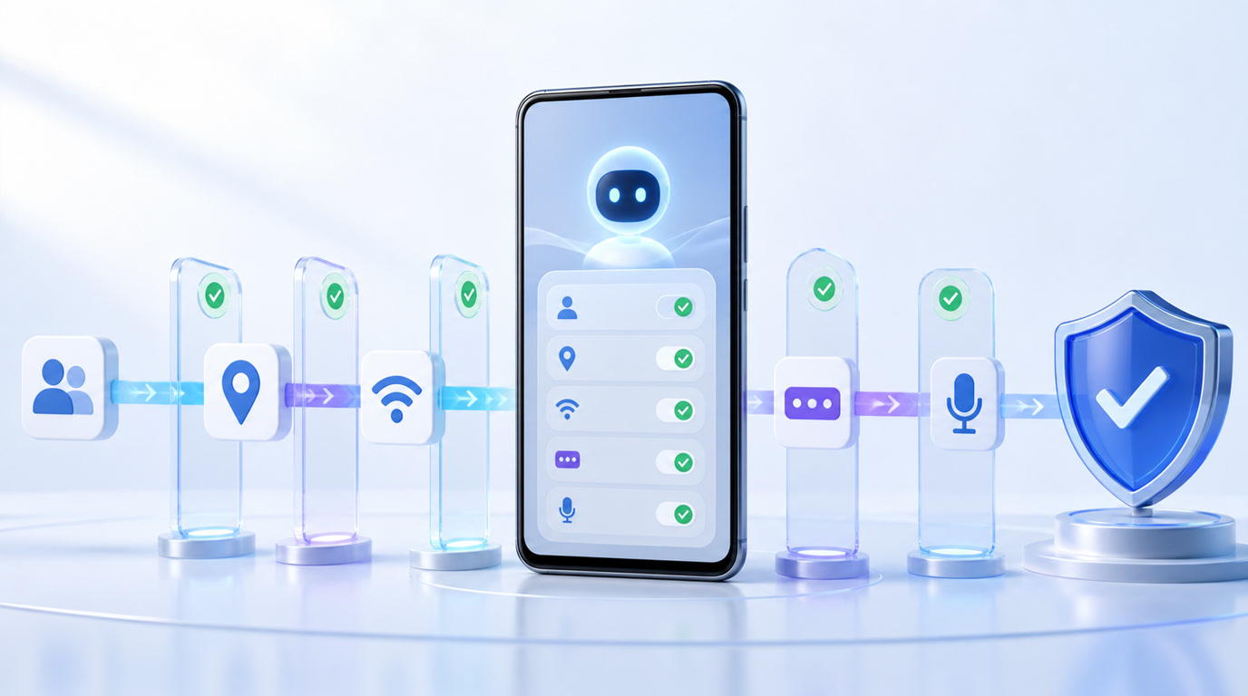 Android-17-Berechtigungsprüfung für einen KI-Assistenten mit ausgewählten Kontakten, Standort, Mikrofon und sichtbarer Aktionsbestätigung