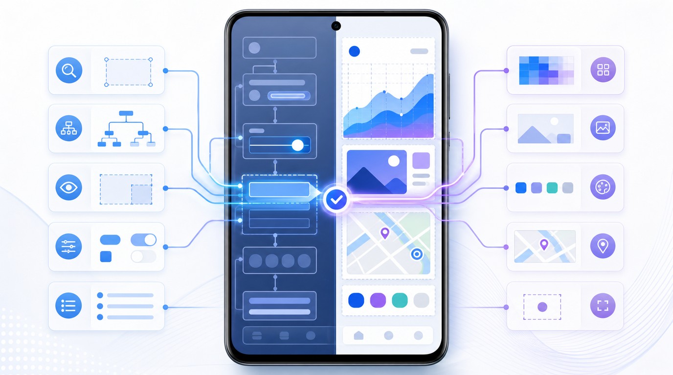 Abstract 16:9 Android screen analysis scene showing semantic UI structure and visual pixel evidence without readable text or third-party branding