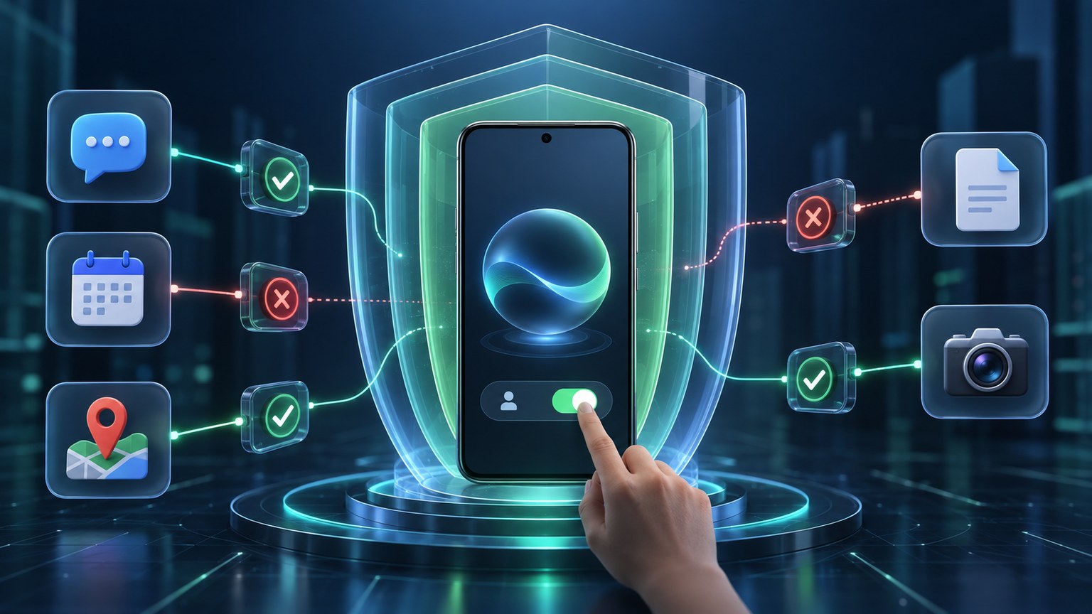 Generic smartphone inside three translucent protection layers, with app-function icons passing through green allow and red block permission gates under a user-controlled switch