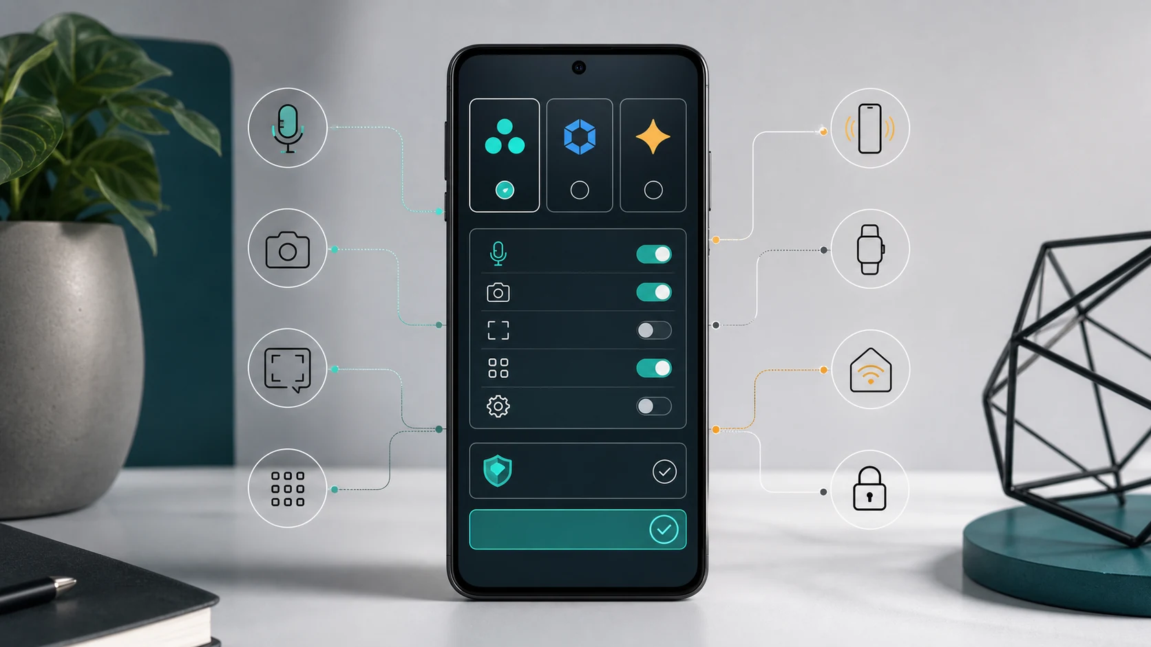 Android phone showing AI assistant choice and permission controls