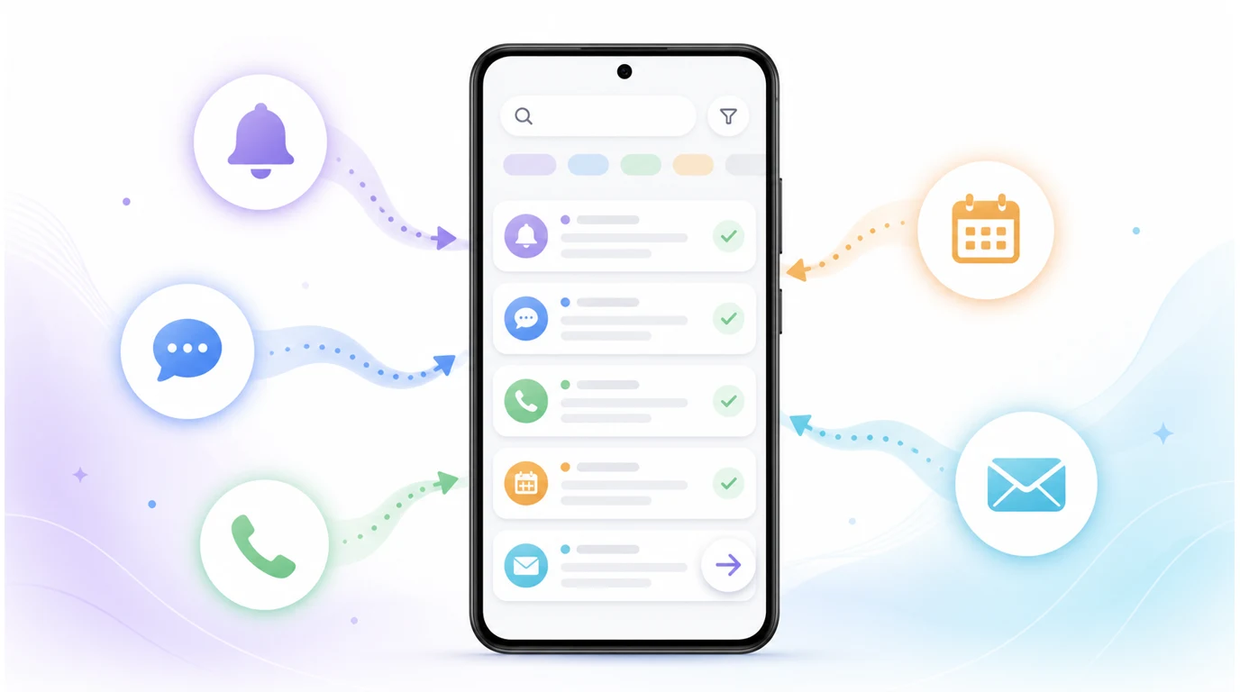 Android AI 정보 받은편지함에서 알림, 문자, 통화 기록, 이메일과 캘린더 일정을 출처별로 검토하는 화면