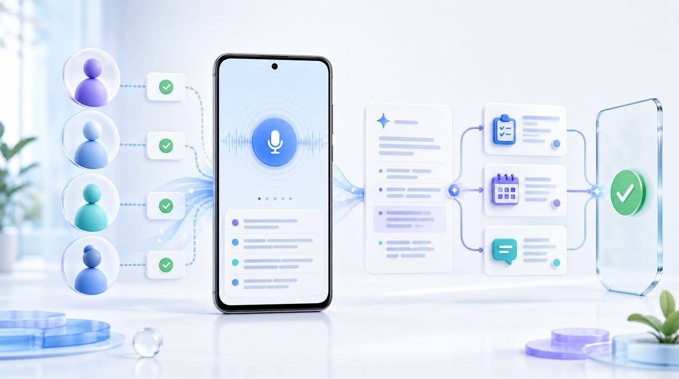 هاتف Android يعرض موافقة المشاركين وحالة تسجيل اجتماع ونصًا مراجعًا وإجراءات متابعة تحتاج إلى تأكيد