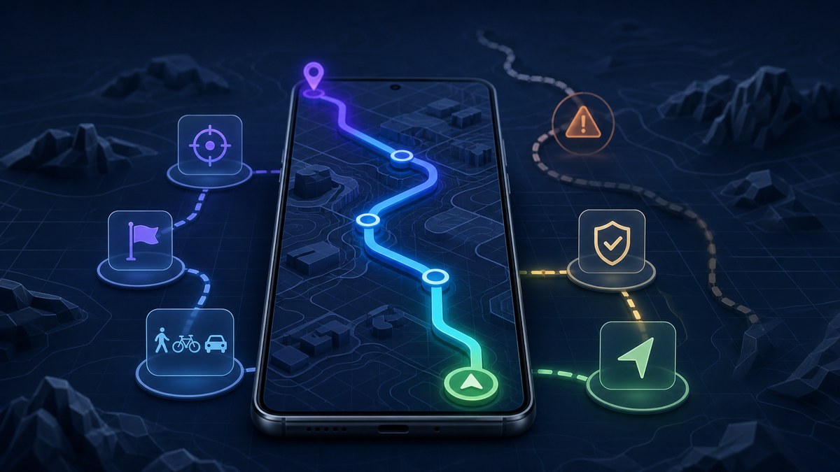 Android phone showing an AI route check, destination review, map handoff, and navigation confirmation before departure