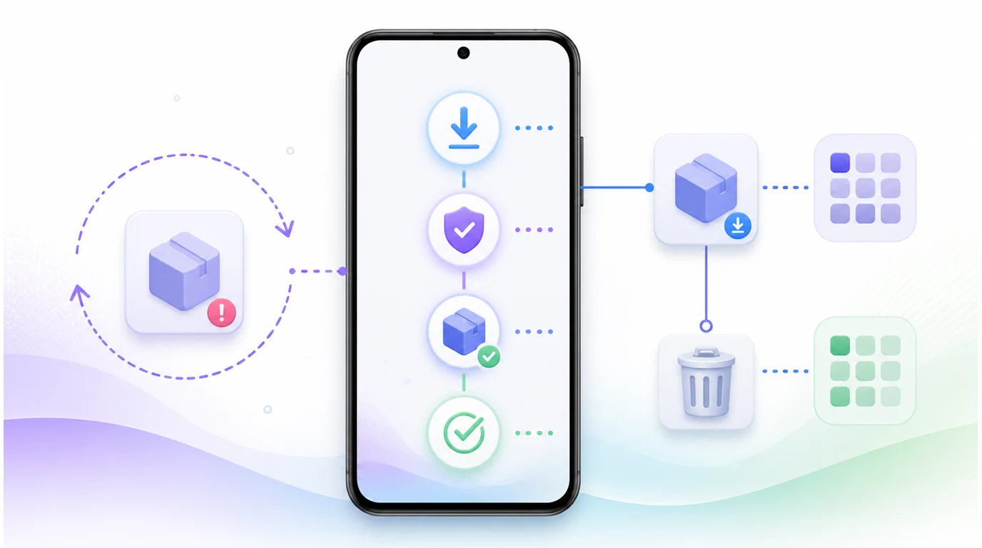Téléphone Android affichant les étapes de téléchargement, vérification, installation, relance et suppression d’un paquet de mise à jour