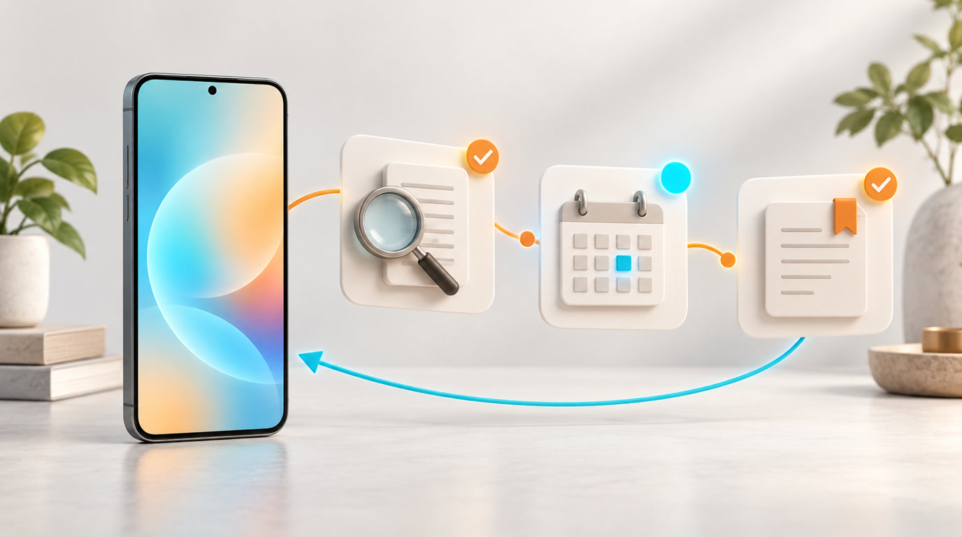 Unbranded smartphone with a sequential progress trail connecting a research card, calendar and memo