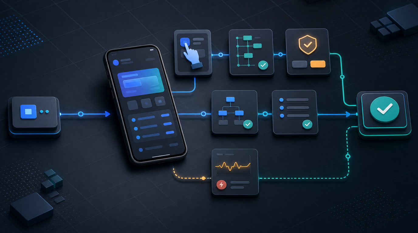 هاتف Android يعرض وكيل ذكاء اصطناعي داخل اختبار موثوقية مع حالة مهمة وموافقة وسجل نتيجة