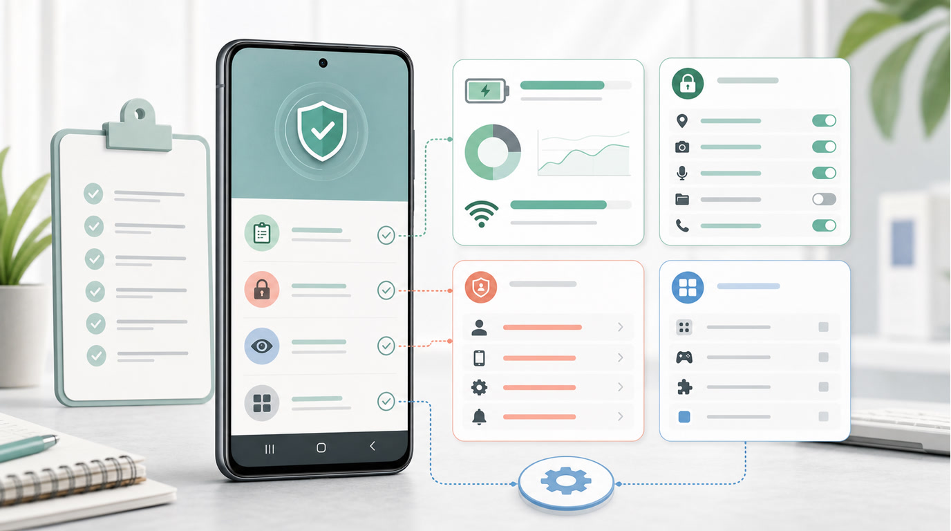 Android phone health dashboard with app permission audit, special access review, hidden app check, and user-controlled settings decisions