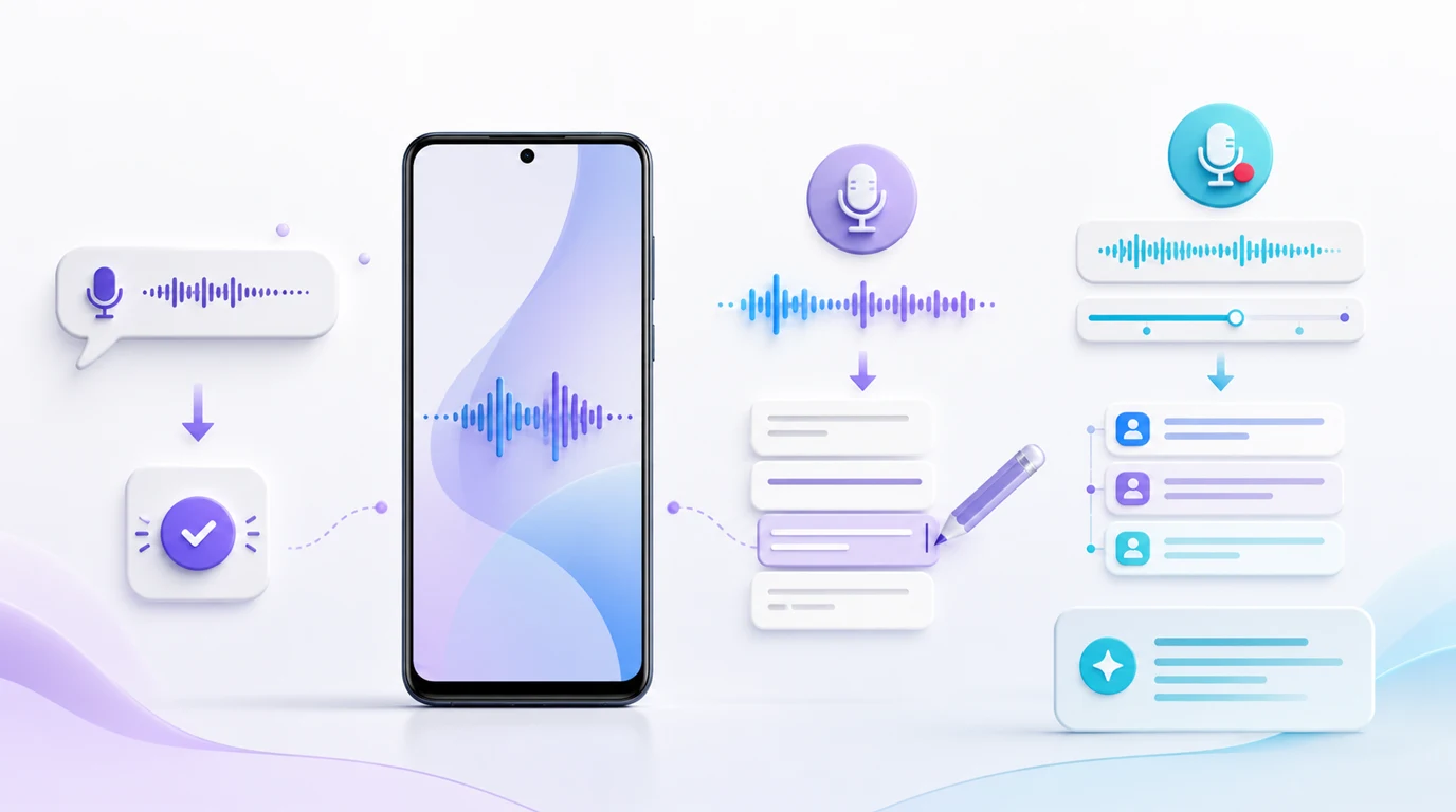 Android 휴대폰에서 음성 명령, 키보드 받아쓰기와 녹음 AI 전사를 결과물별로 선택하는 화면