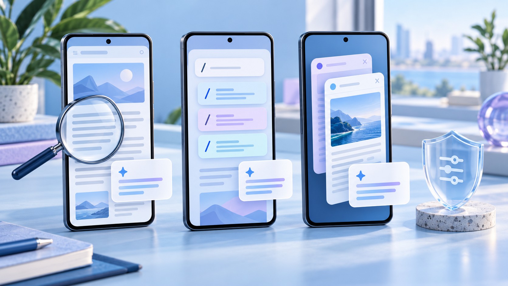 Illustration conceptuelle d’un téléphone Android montrant une page Web et un assistant IA, avec des passages sources mis en évidence