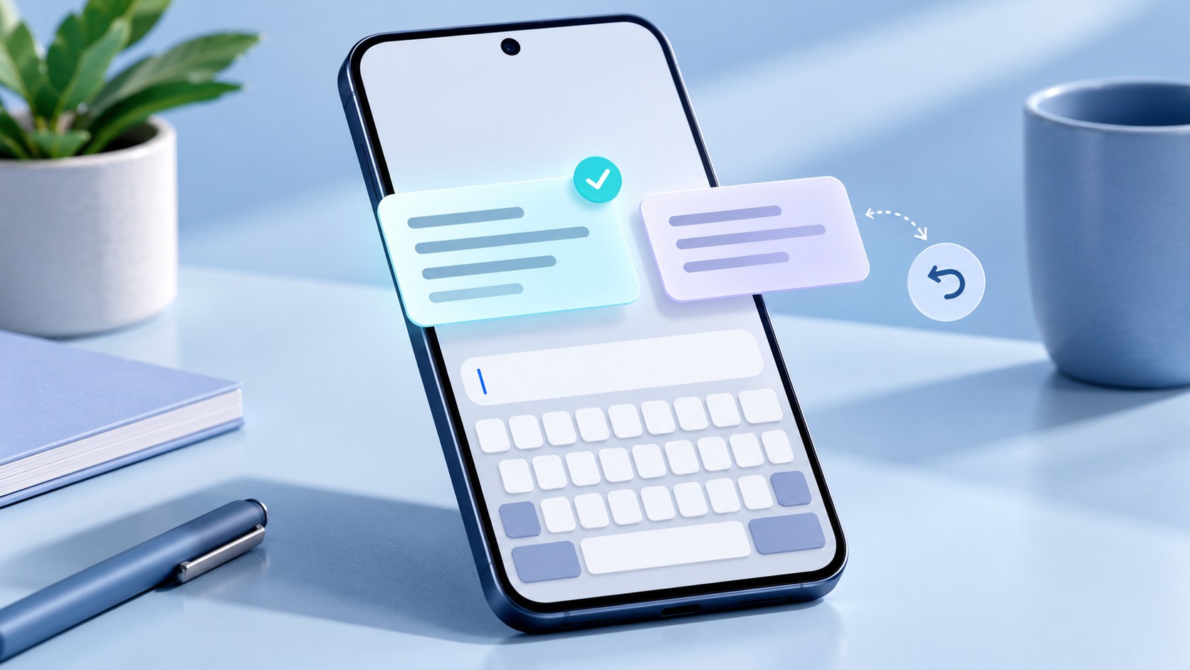 Android phone showing a typed message, an on-screen keyboard, and a rewriting suggestion awaiting review