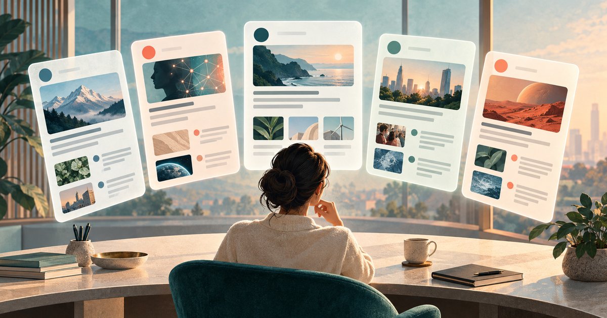 A reader comparing five news-reader cards.
