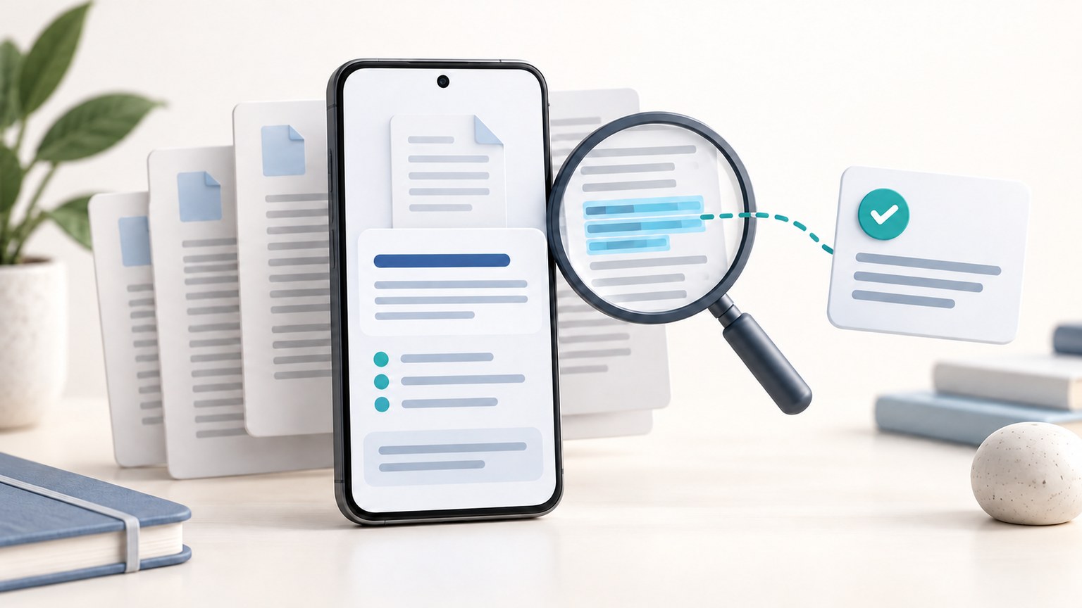 Concept illustration of an unbranded phone beside PDF pages and source-check cards