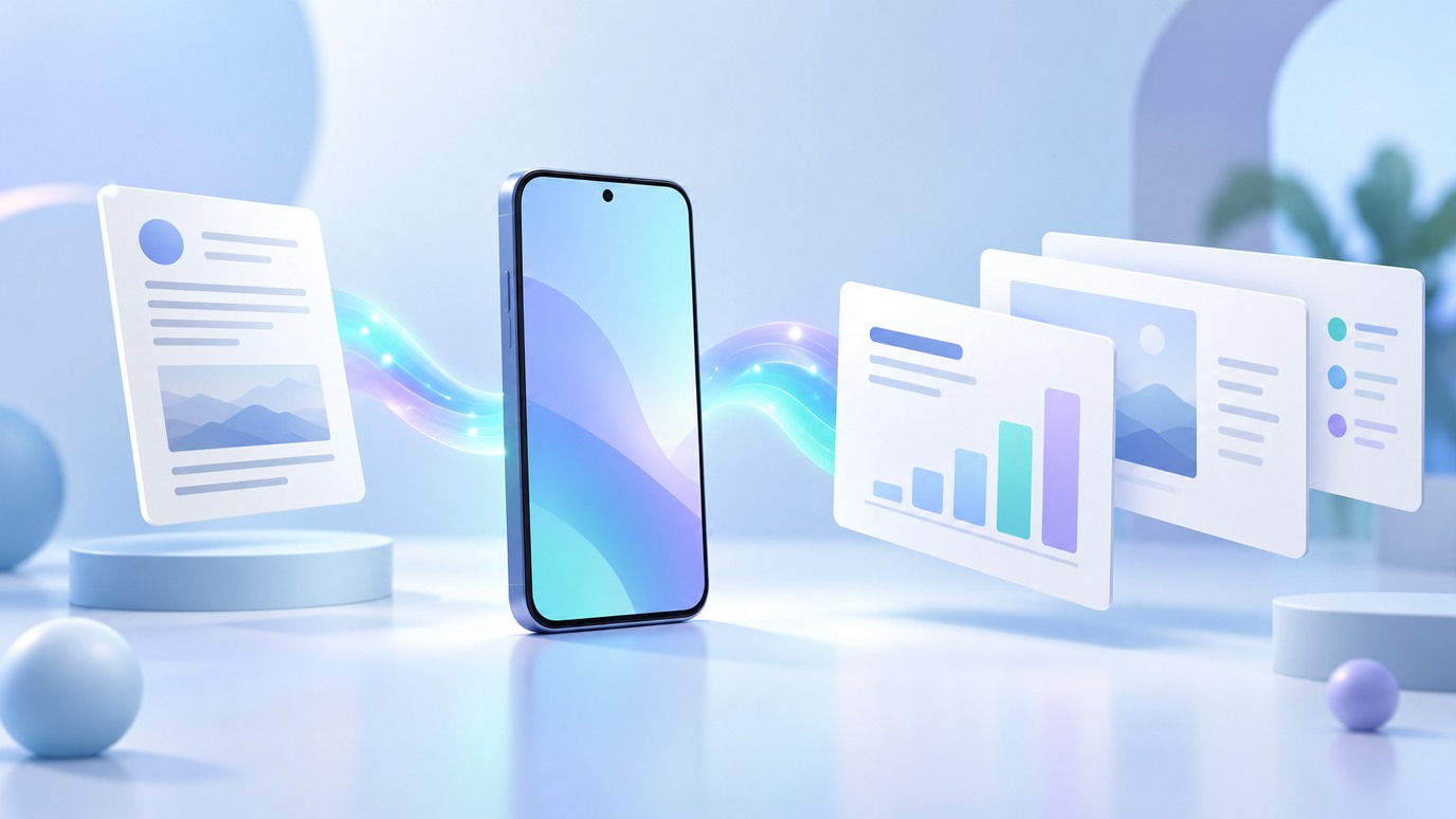 Konzeptillustration eines Android-Smartphones mit Präsentationsfolien, einer Gliederung und Symbolen für bearbeitbare Dateien und PDF-Ausgabe