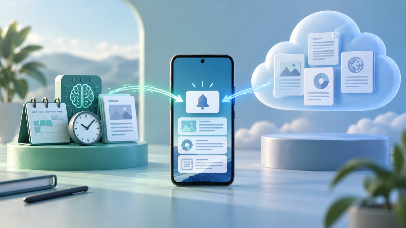 Concept illustration of an unbranded phone with a bell and research cards, a calendar and clock on the left, and source documents in a cloud on the right