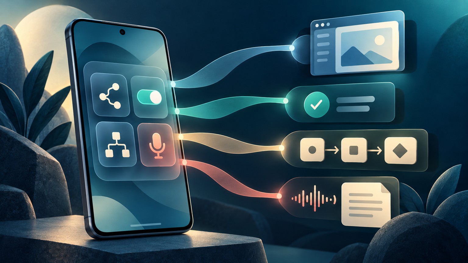 Ilustración conceptual de un teléfono Android con botones de ajustes rápidos para tareas, interruptores, flujos y grabación de voz