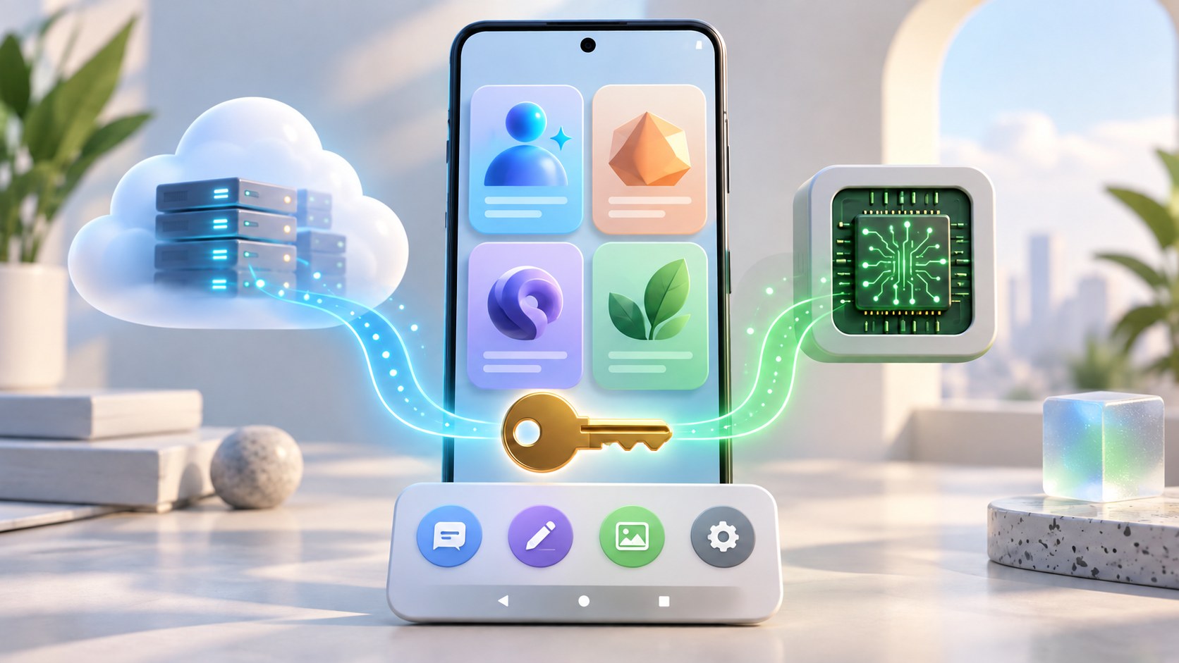 ภาพแนวคิดเปรียบเทียบแอปผู้ช่วย AI บน Android ที่เชื่อม API ด้วยกุญแจของผู้ใช้ พร้อมเส้นทางข้อความ ภาพ และงานบนโทรศัพท์ ไม่ใช่ภาพหน้าจอแอปจริง