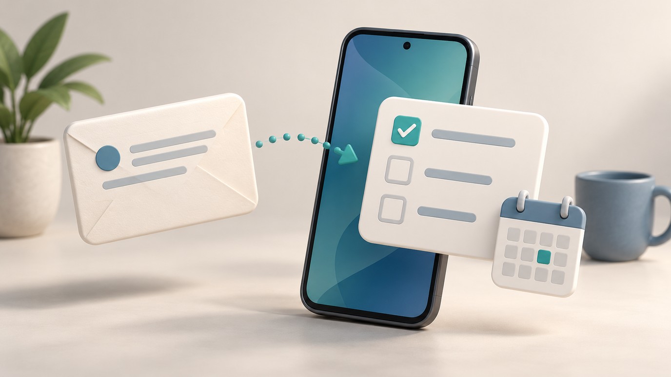 ภาพแนวคิดอีเมลบนโทรศัพท์ Android เปลี่ยนเป็นรายการงานส่วนตัว พร้อมวันที่และข้อมูลอ้างอิงกลับไปยังต้นฉบับ