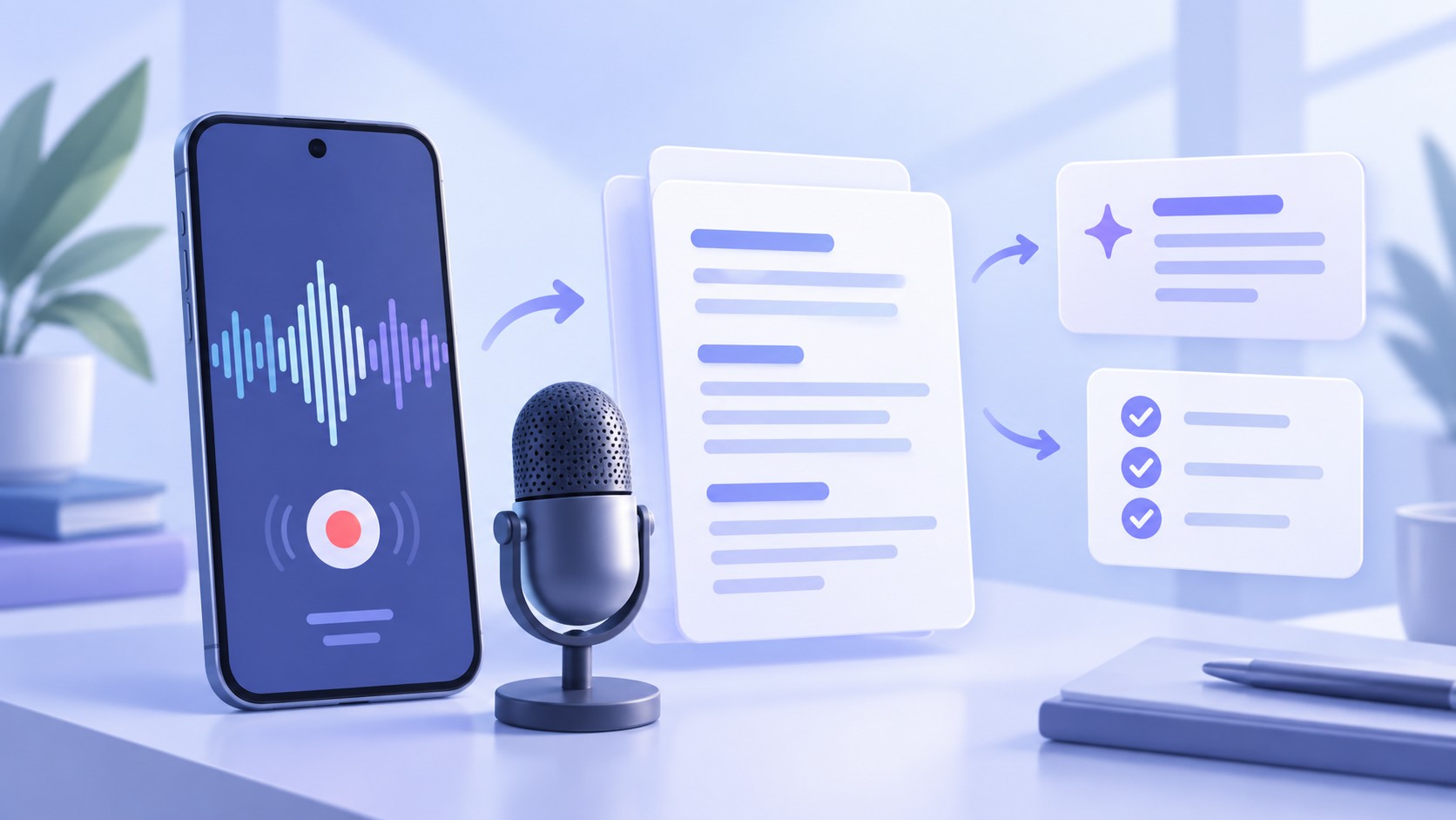 Conceptual illustration of a phone recording audio beside a waveform, transcript, and reviewed notes