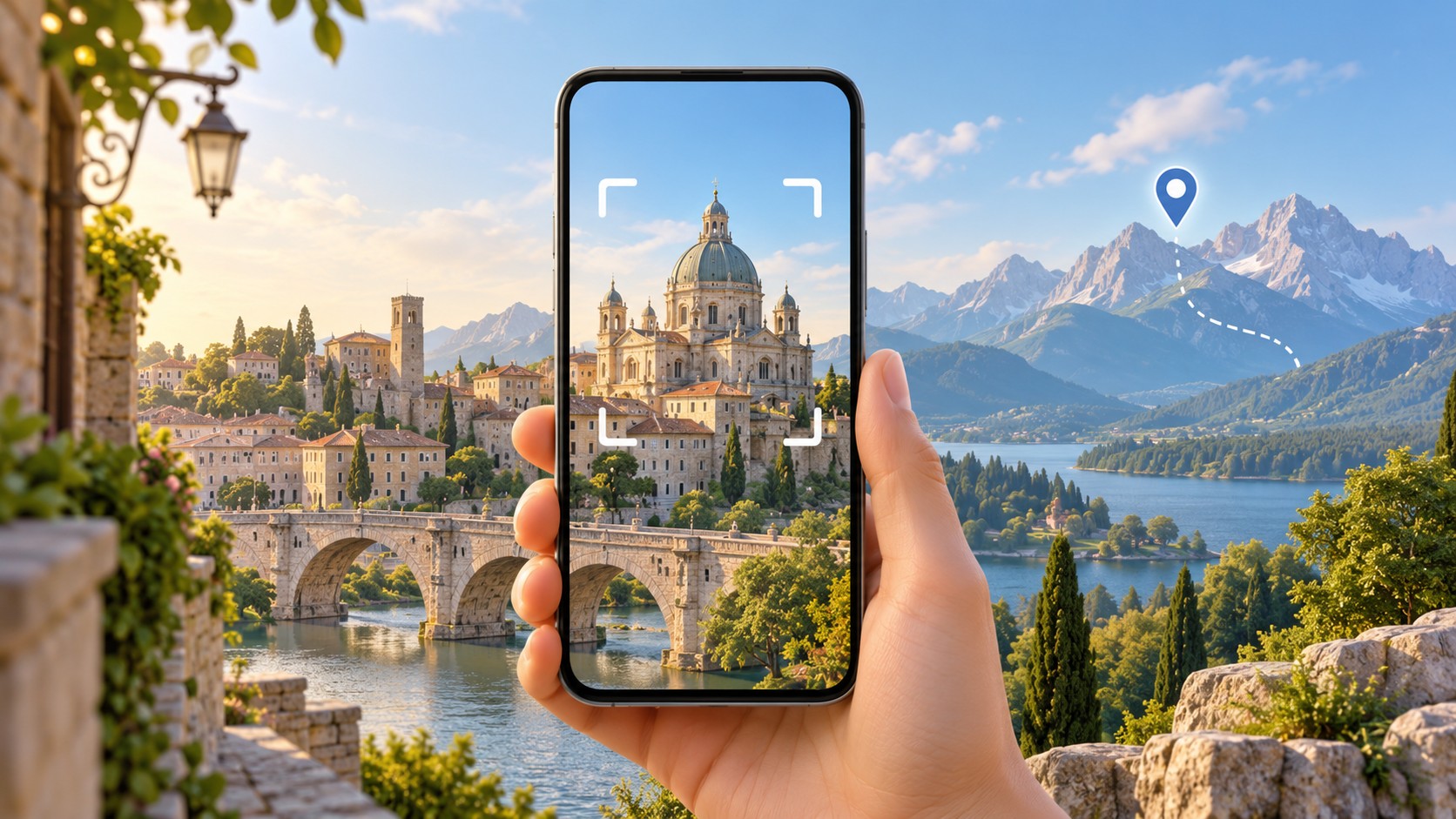 Ilustración conceptual de un teléfono Android ante una fachada histórica y un paisaje montañoso, con pistas visuales para identificar lugares