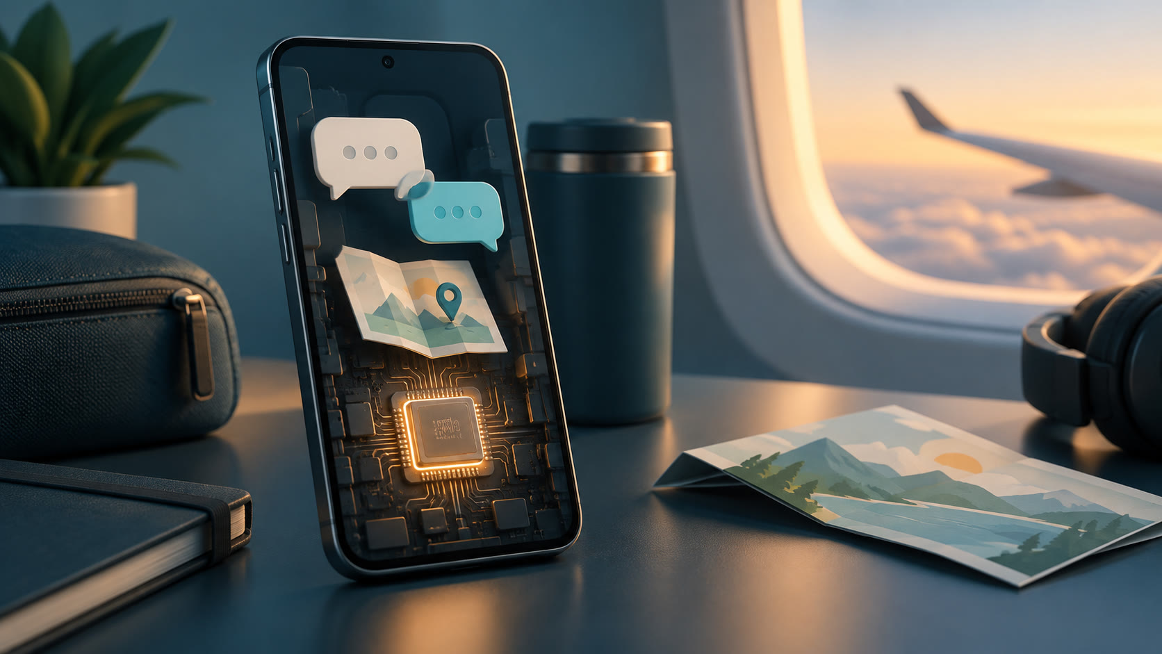 Conceptual Android phone running a local AI model with disconnected network symbols and a separate supported phone-task checklist