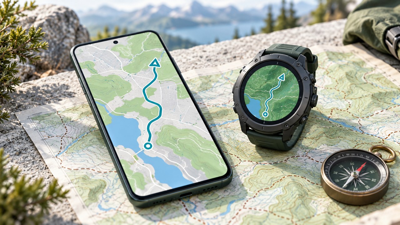Android-Smartphone und Smartwatch mit gespeicherten Karten neben einer Wanderkarte zur Vorbereitung einer Offline-Route