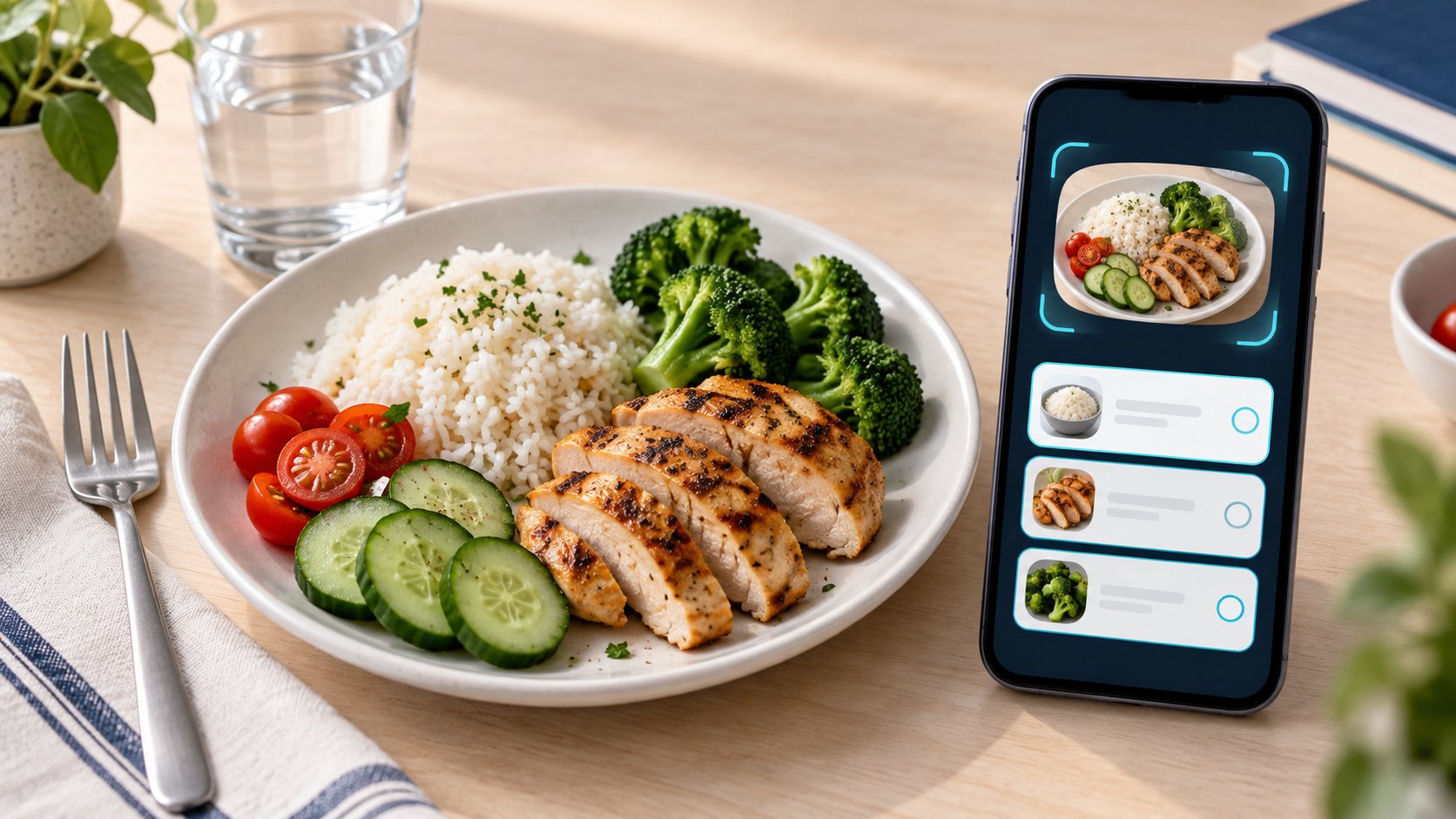 Plate of rice, chicken, and vegetables beside an Android phone with abstract food image and ingredient cards