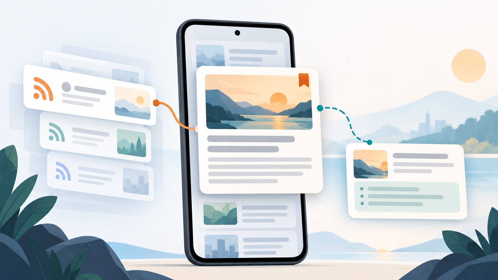 Redaktionelle Illustration mit RSS-Quellenkarten, einer Android-Leseliste und abstrakten Zusammenfassungen, ohne tatsächliche App-Oberflächen