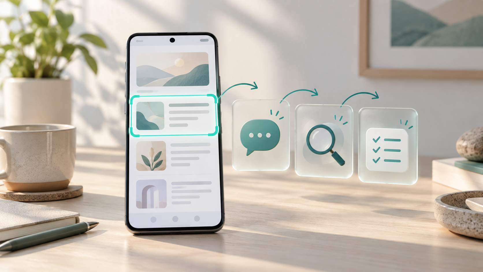 Ilustrasi konseptual ponsel Android dengan area layar yang dipilih, percakapan AI, dan daftar tugas yang diperiksa pengguna