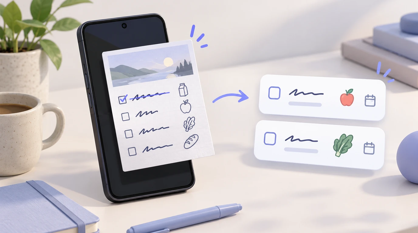 Konzeptillustration eines Smartphones mit Bildausschnitt, Aufgabenkarten und Prüfsymbolen.