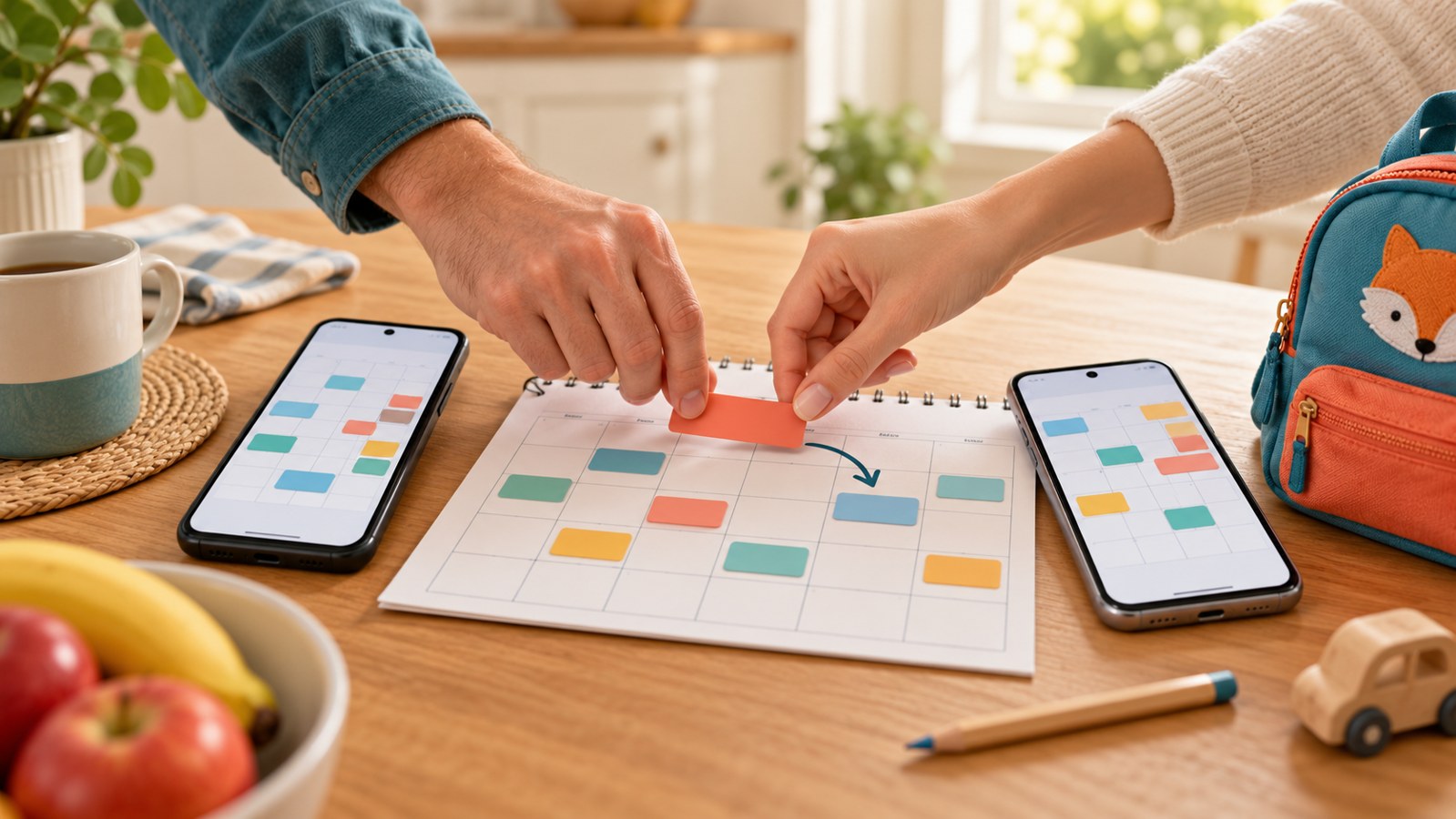 Two adults' hands moving a colored event card on a paper weekly calendar, beside two unbranded smartphones with simple calendar grids and a small backpack