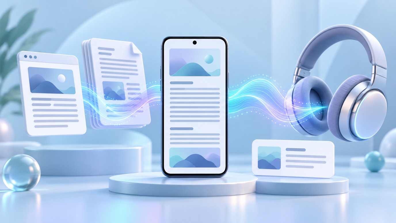 Conceptual Android phone with web article and PDF cards connected to headphones, without actual app screens or microphone input
