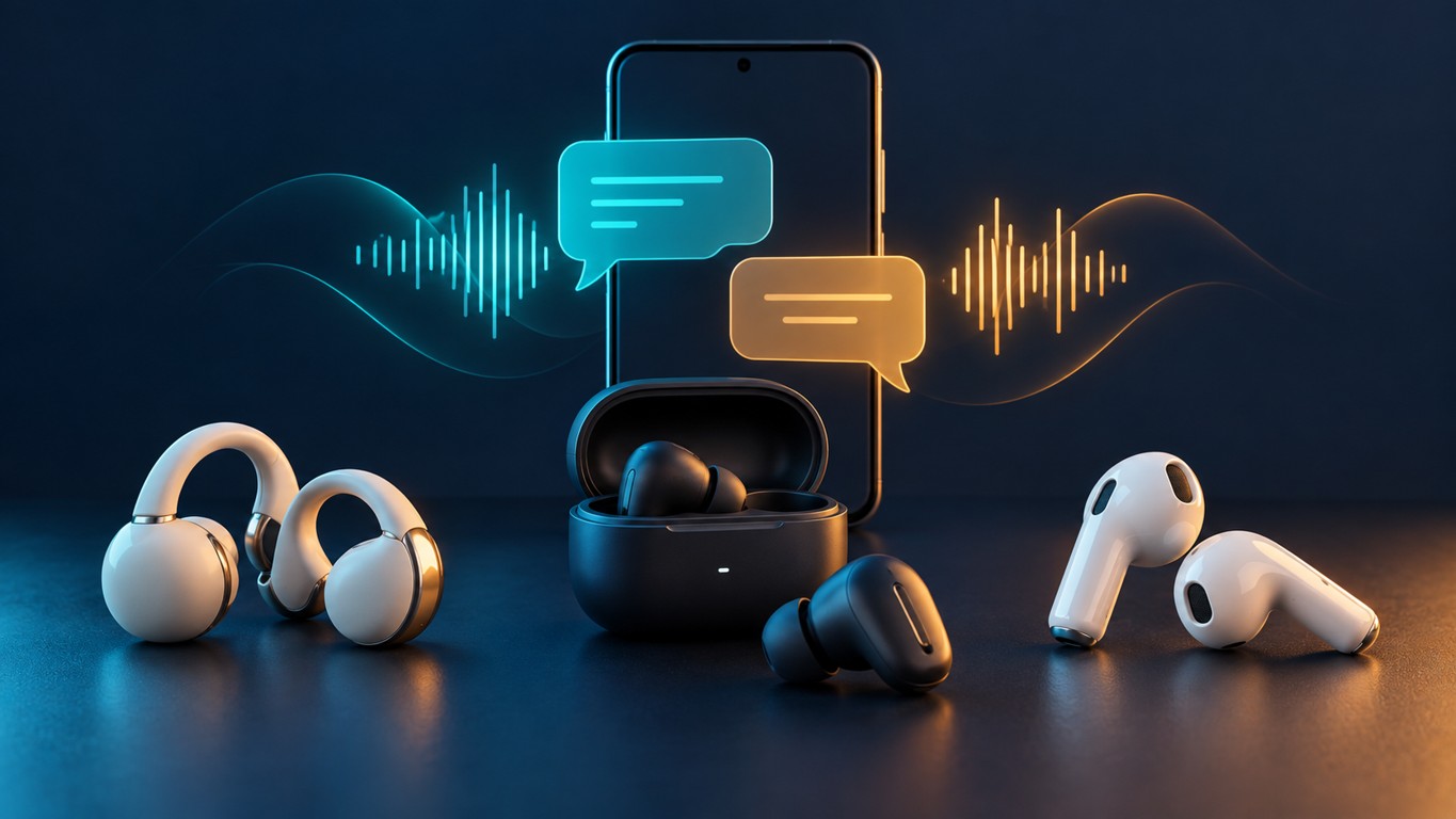Three unbranded earbud designs in front of an Android phone, with speech bubbles and sound waves on a dark navy background
