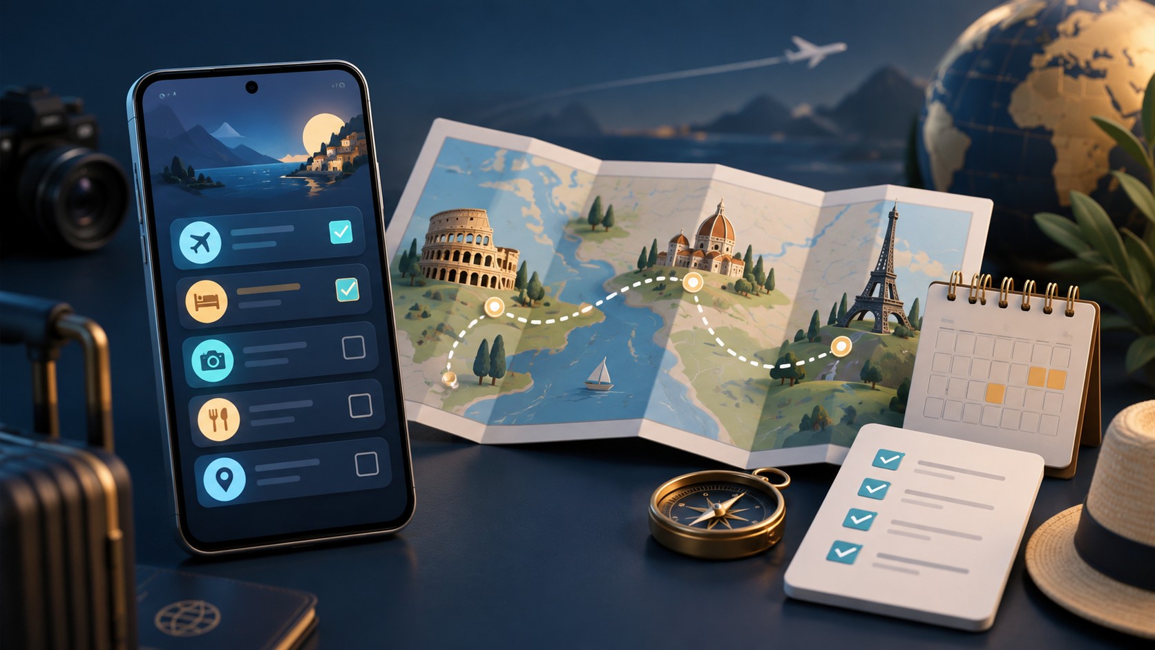 Konzeptillustration mit Android-Telefon, Reise-Checkliste, gefalteter Routenkarte, Kalender und Checkliste auf dunkelblauem Hintergrund