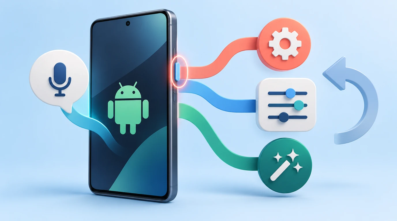 Concept illustration of an Android phone with separate controls for the default assistant, Side button, and voice activation