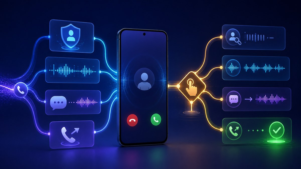 Android phone showing AI call screening, text call replies, call transcripts, and a FoneClaw missed-call callback workflow