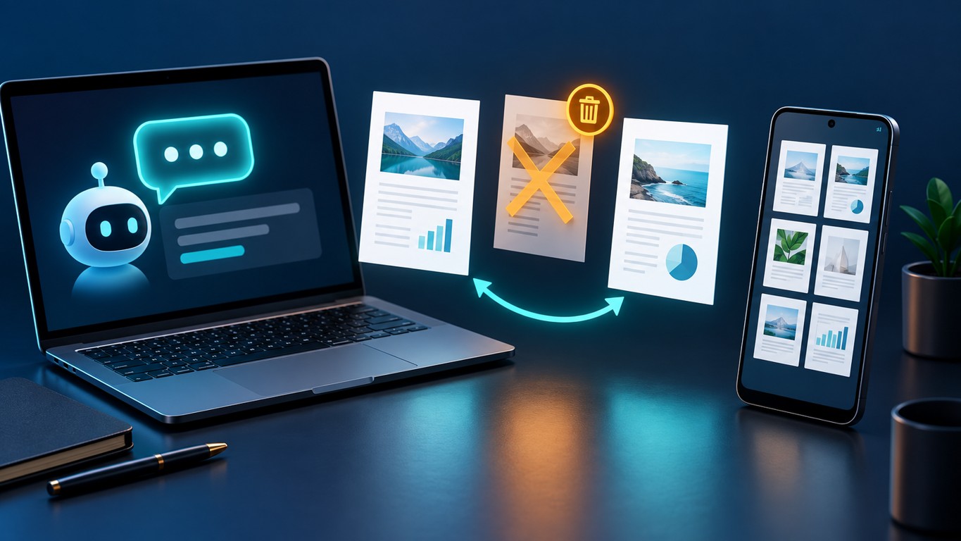هاتف أندرويد يعرض صورًا مصغرة لصفحات PDF بجانب طلب محادثة لحذف صفحة وإعادة ترتيب الباقي