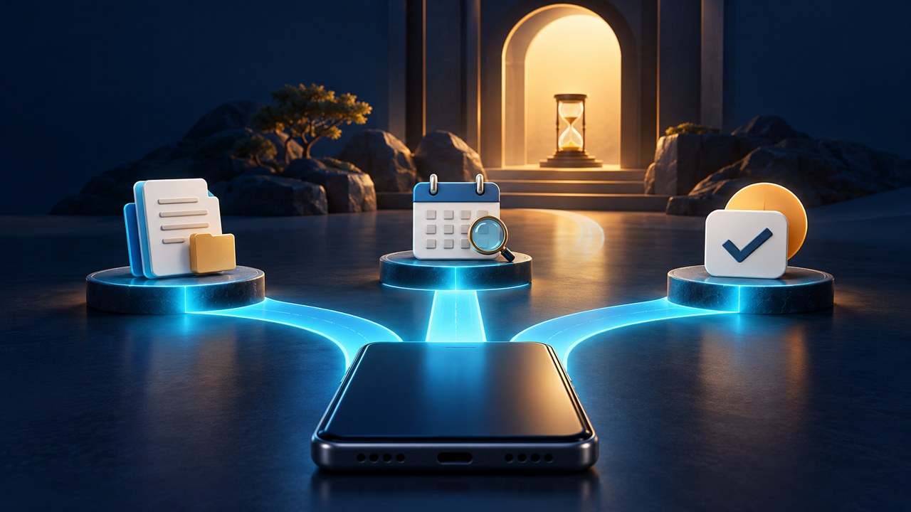ภาพประกอบการเลือกเส้นทางงานบน Android ระหว่างสรุปเอกสาร ค้นคว้าตามเวลา และบันทึกสิ่งที่ต้องทำ