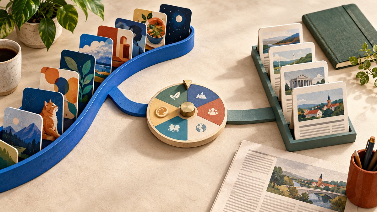 A split reading desk with a blue discovery carousel on curved rails, a straight stack of reporting cards, a local-source notebook, and a connecting topic wheel