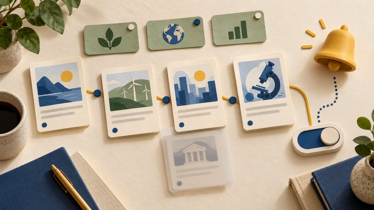 An overhead paper news-reading board with topic tabs, a muted repeated-source card, a separate notification bell, and a short reading path in ivory, sage, yellow, and blue